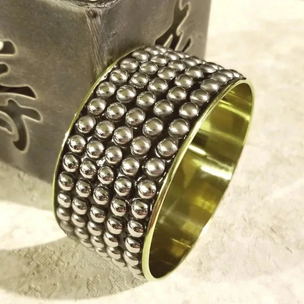 Mid Century Style India Brass Bangle Bracelet Silver Black Geometric Dot Accents